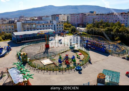 Amusement Park in the center of Magadan. View from above. Stock Photo