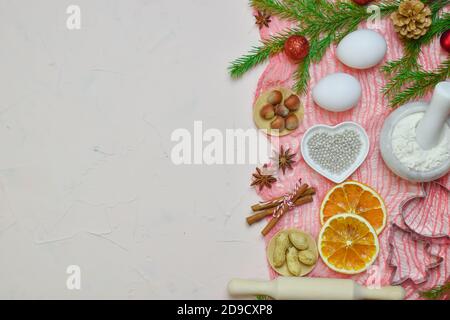 Christmas background with cookie ingredients there is space for text on the left side Stock Photo