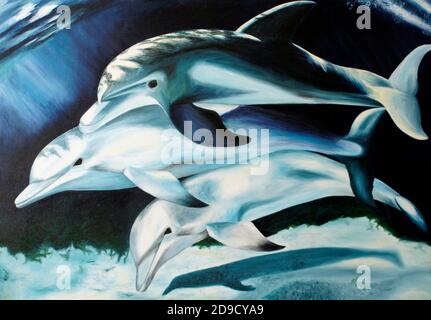 Painting of three dolphins underwater oil on canvas Stock Photo