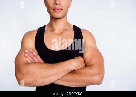 Close-up cropped view portrait of his he nice attractive sportive virile successful serious guy champion contest winner folded arms isolated over gray Stock Photo