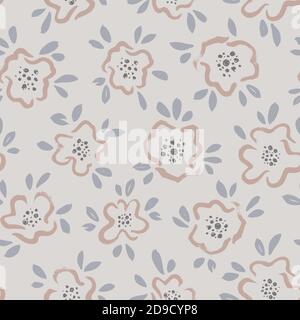 Hand drawn brush flower vector seamless pattern. Stock Vector
