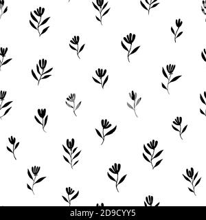 Brush black simple flowers vector seamless pattern Stock Vector