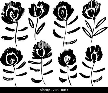 Spring black flowers hand drawn vector set. Stock Vector