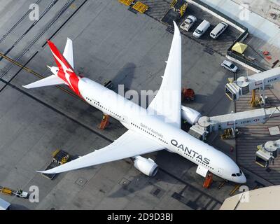 Qantas Airways Boeing 787 aircraft. Aerial view of Qantas Dreamliner airplane VH-ZNA. Airline from Australia. Stock Photo