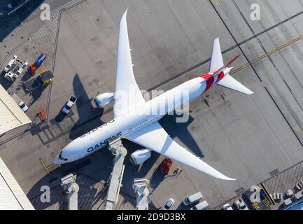 Qantas Airways Boeing 787 aeroplane aerial view. Top down view of Qantas Dreamliner aircraft VH-ZNA. Airline from Australia. Stock Photo