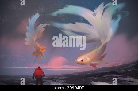 Digital illustration painting design style a man standing on the snow mountain, against giant Betta fishes flying in the sunset sky. Stock Photo