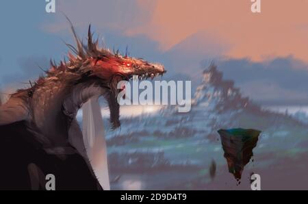 Digital illustration painting design style fantasy scence the dragon facing magic rocks (blank space for your elements on rock).