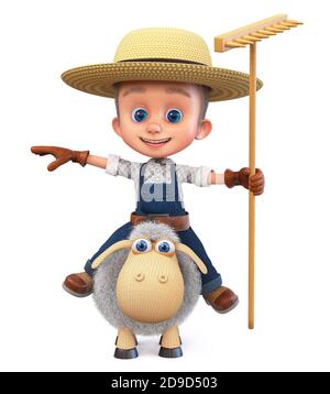 3D illustration child in a straw hat is engaged in animal husbandry Stock Photo