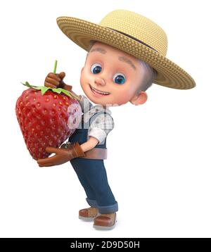3D illustration funny small farmer in overalls with a large crop