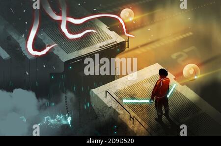 Digital illustration painting design style a warrior holding a light saber against monster in futuristic building. Stock Photo