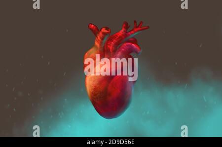 Digital art illustration painting design style a human heart floating in the air, against blue misty. Stock Photo