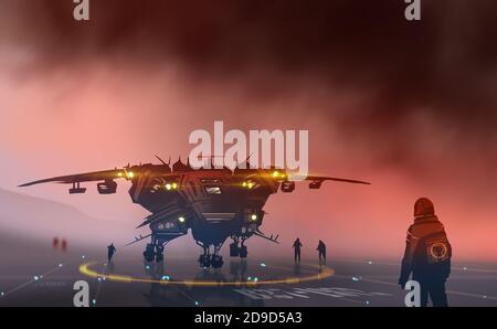 Digital illustration painting design style a space ship with pilots on runway against the big storm, sci-fi, futuristic concept. Stock Photo