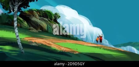 a couple standing on the high hill against mountains and blue sky, digital illustration art painting design style. (wide screen) Stock Photo