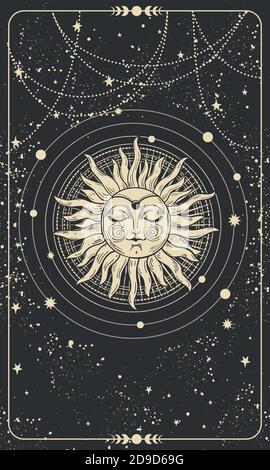 Mystical drawing of the sun with a face, tarot cards, boho illustration, magic card. Golden sun with closed eyes on a black background with stars. Vector hand drawing Stock Vector