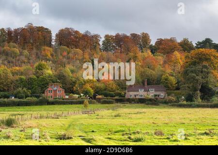 Hambleden village houses along pheasants hill in autumn Hambleden, Buckinghamshire, England Stock Photo
