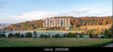 Buckinghamshire countryside view from hambleden in the early morning autumn light. Hambleden, Buckinghamshire, England. Panoramic Stock Photo