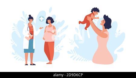 A set of illustrations about pregnancy and motherhood. Pregnant woman at a doctor s appointment, a woman plays with a newborn baby. Cartoon flat vector illustration isolated on white background Stock Vector