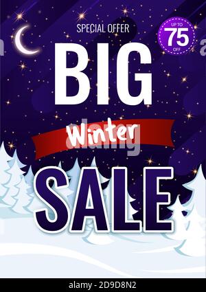 Christmas poster with discounts to advertise the store. Banner Big winter sale up to 75 percent. Vector vertical illustration Stock Vector