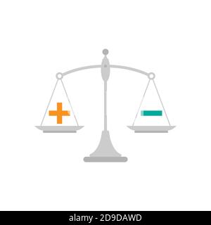 Black mechanical scales with plus and minus in pans. value, solution and rationality balance. pros and cons scale. Vector illustration on white backgr Stock Vector