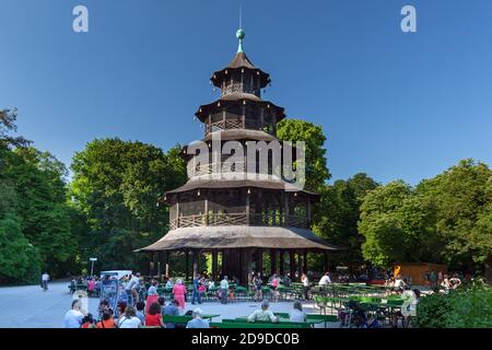 geography / travel, Germany, Bavaria, Munich, beer garden and Chinese tower in the English garden, Mu, Additional-Rights-Clearance-Info-Not-Available Stock Photo