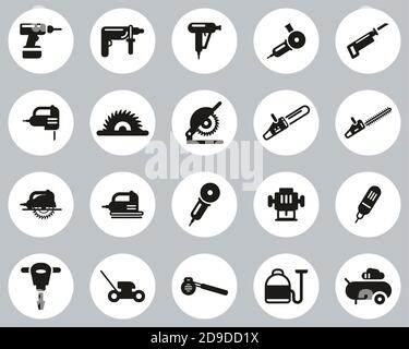 Power Tools Icons Black & White Flat Design Circle Set Big Stock Vector
