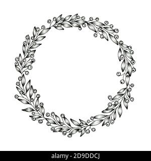 Vintage Christmas wreath isolated on white, black and white ink drawing of a berry wreath, hand drawn Christmas wreath illustration Stock Photo