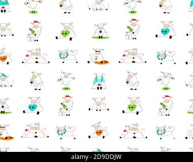 White ox. Symbol of chinese new year 2021. Seamless pattern, endless texture, wallpaper, print for holiday design. Funny cute kawaii bull, cow. Set of Stock Vector