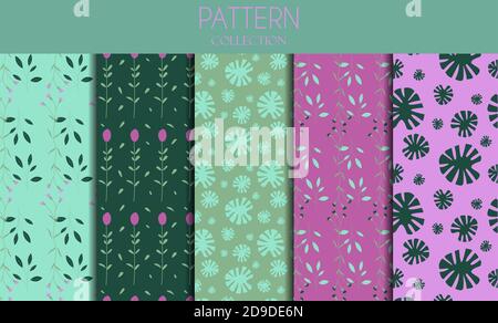 A set of seamless flower patterns in a flat style. Vector pattern in the same color palette and combined with each other. Monstera flower, wildflowers and leaves of different shapes. Background for a Botanical theme.Gentle, spring floral background. Stock Vector
