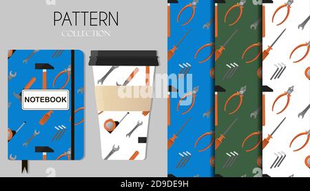 Seamless pattern with repair tools, hammer, tape measure, wrench, screwdriver, pliers. The background is displayed on Notepad and coffee cups. Seamless pattern with repair working tools icons. Stock Vector