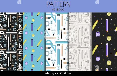 A set of seamless patterns with school stationery items. Flat vector design for school, office, store or website. Set of items books, notebooks, markers, pens, folders, paints, scissors, paper clips, palettes, glasses, rulers. Bright background for web, ad, or app. Stock Vector