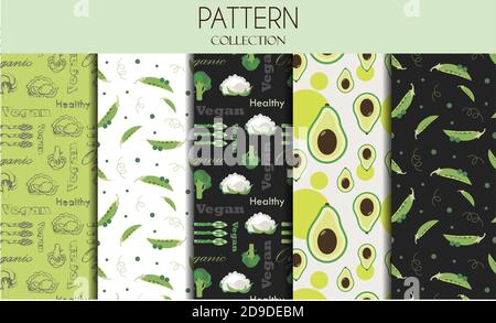 A set of seamless patterns with vegetables. Flat illustration design with peas, mushrooms, cabbage, avocado, broccoli, carrot, onion, tomato, cucumber and corn . Vector patterns in one bright color scheme on a summer theme. Delicious, Botanical illustrations for advertising restaurants, stores, or grocery stores. Organic, vegetarian products for a healthy lifestyle. Stock Vector