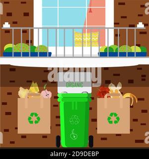 Vector flat illustration of sorting garbage into categories plastic, organic, metal, paper, glass. Trash can with sorted garbage for environmental recycling on the background of a brick house with a bright balcony and window. Ecology and saving the planet from garbage and pollution. Ecology and recycle concept. Stock Vector