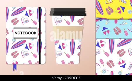 A pattern with summer accessories a swimsuit, surfboard, flip-flops, a set for snorkeling ice cream and cooling drinks. The background is depicted on a notebook and coffee cups. Background for flat illustrations on a summer, beach theme, for scuba diving, surfing, and beach wear. A pattern with pink, purple, and blue colors. Stock Vector