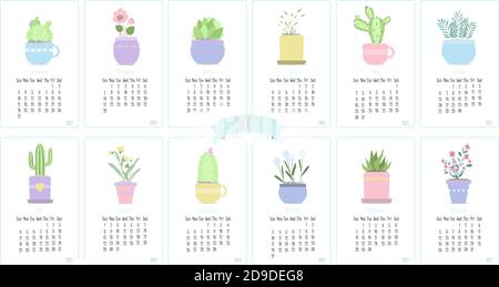 Calendar for 2021 with cute cactuses and plants . Twelve months of the year with flat vector illustrations for January, February, March, April, may, June, July,August, September, October, November, December. Calendar pages with cute botanical cartoon pictures. Vector calendar template for kids. Stock Vector