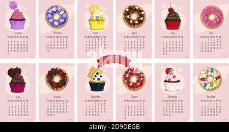 Calendar for 2021 with sweet cupcakes and donuts. Twelve months of the year with flat vector illustrations for January, February, March, April, may, June, July,August, September, October, November, December. Calendar pages with cute pink sweets, frosting, toppings, cream. Delicious cartoon sweets. Vector calendar template for kids. Stock Vector