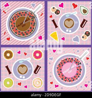Top view of the delicious Valentine s day Breakfast table. Cute, sweet cards for the holiday of all lovers Stock Vector