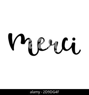 Merci word hand drawn lettering. Modern bounce calligraphy ink in black isolated in white background vector illustration. Stock Vector