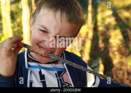 Kid eating sausage on skewer in forest, Karelia Stock Photo