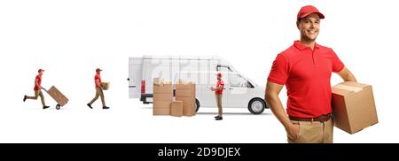 Male courier in a uniform holding a cardboard box and other putting boxes in vans isolated on white background Stock Photo