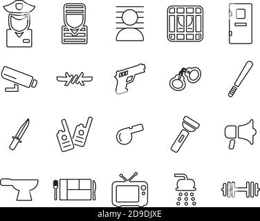 Prison Or Jail Icons Black & White Thin Line Set Big Stock Vector