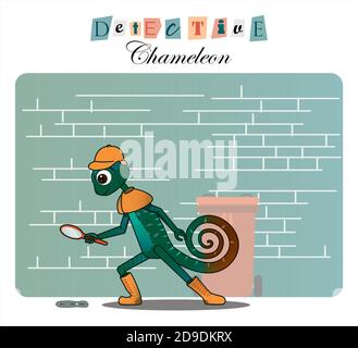 Cartoon character chameleon-detective. Flat illustration for children, books, websites, detective agencies or holidays. Cute picture for playing detectives. The chameleon lizard is a master of disguise. Detective looking through magnifying glass, vector color illustration Stock Vector