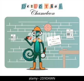 Cartoon character chameleon-detective. Flat illustration for children, books, websites, detective agencies or holidays. Cute picture for playing detectives. The chameleon lizard is a master of disguise. Detective looking through magnifying glass, vector color illustration Stock Vector