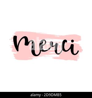 Merci word hand drawn lettering. Modern bounce calligraphy ink in black with decorative brush stroke isolated on white background vector illustration. Stock Vector