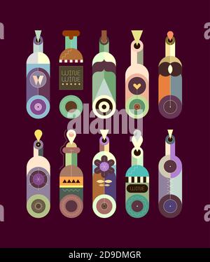 Colored isolated on a dark background decorative wine bottles collection vector illustration. Flat design of various bottles. Each bottle is placed on Stock Vector