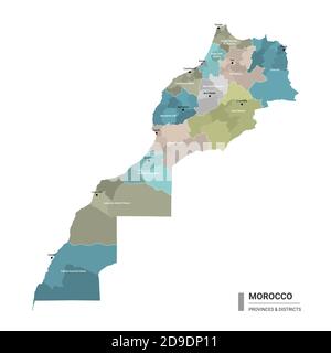 Morocco higt detailed map with subdivisions. Administrative map of Morocco with districts and cities name, colored by states and administrative distri Stock Vector