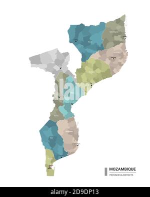 Mozambique higt detailed map with subdivisions. Administrative map of Mozambique with districts and cities name, colored by states and administrative Stock Vector