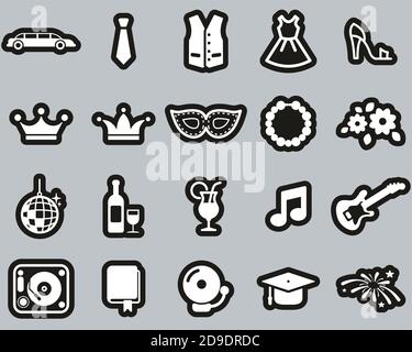 Prom Night Icons White On Black Sticker Set Big Stock Vector