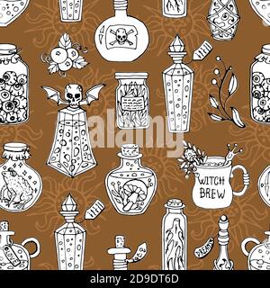 Seamless pattern with witch magic bottles and brew drink with potion. Mystic background for Halloween, esoteric, gothic and occult concept Stock Vector
