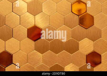 Golden hexagon cell tiling on the luxury decoration interior Gold metal honeycomb, hexagon, abstract metal background Stock Photo