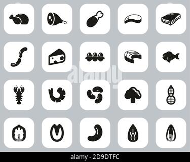 Protein Food Icons Black & White Flat Design Set Big Stock Vector